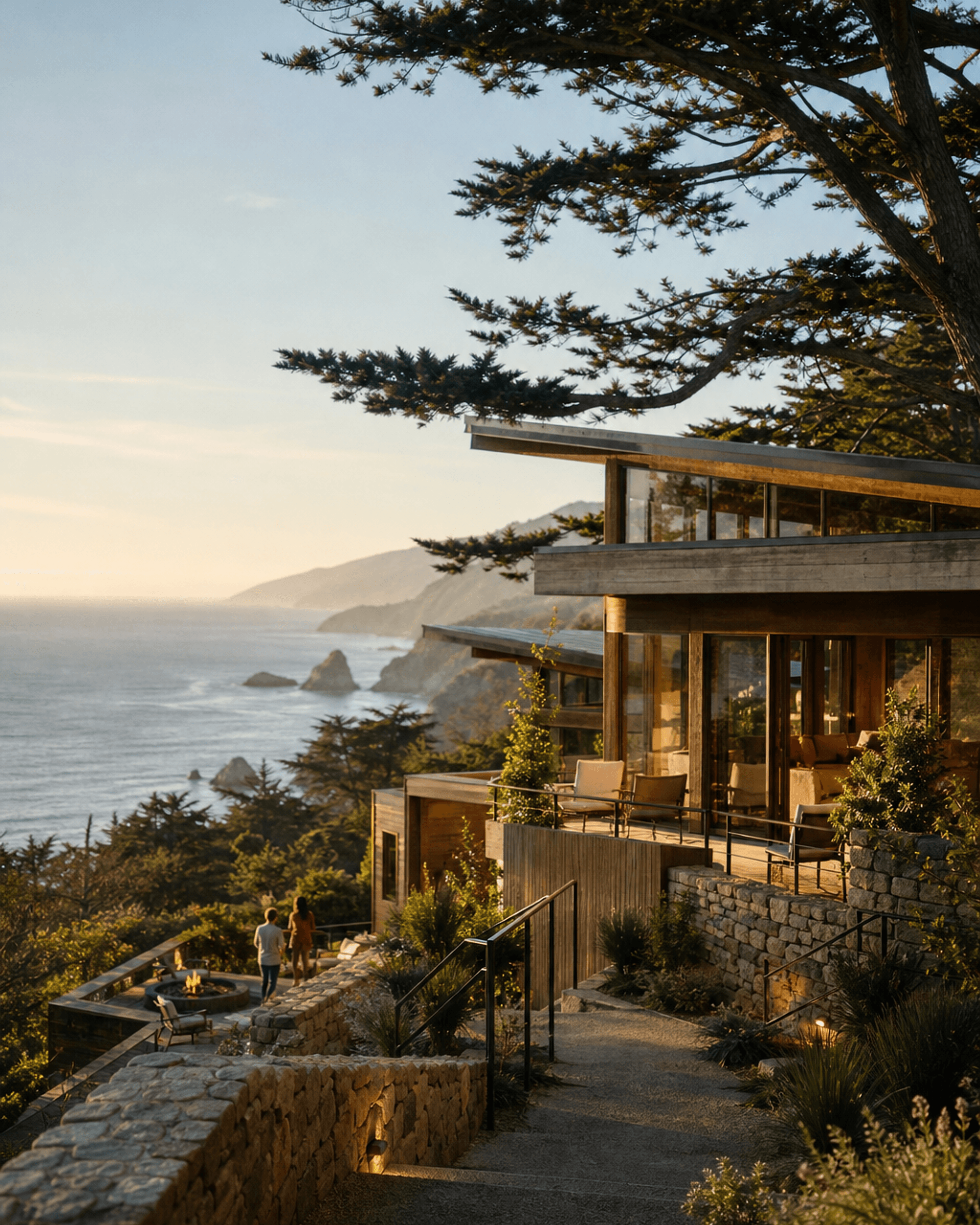 The architecture of Aster House, seen in portrait against the Big Sur landscape